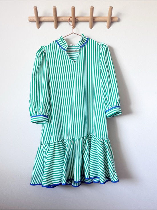 Mary Square Dresses & Skirts - Mary Square Naomi Green and White Striped Ruffle-Hem Puff Sleeve Casual Dress